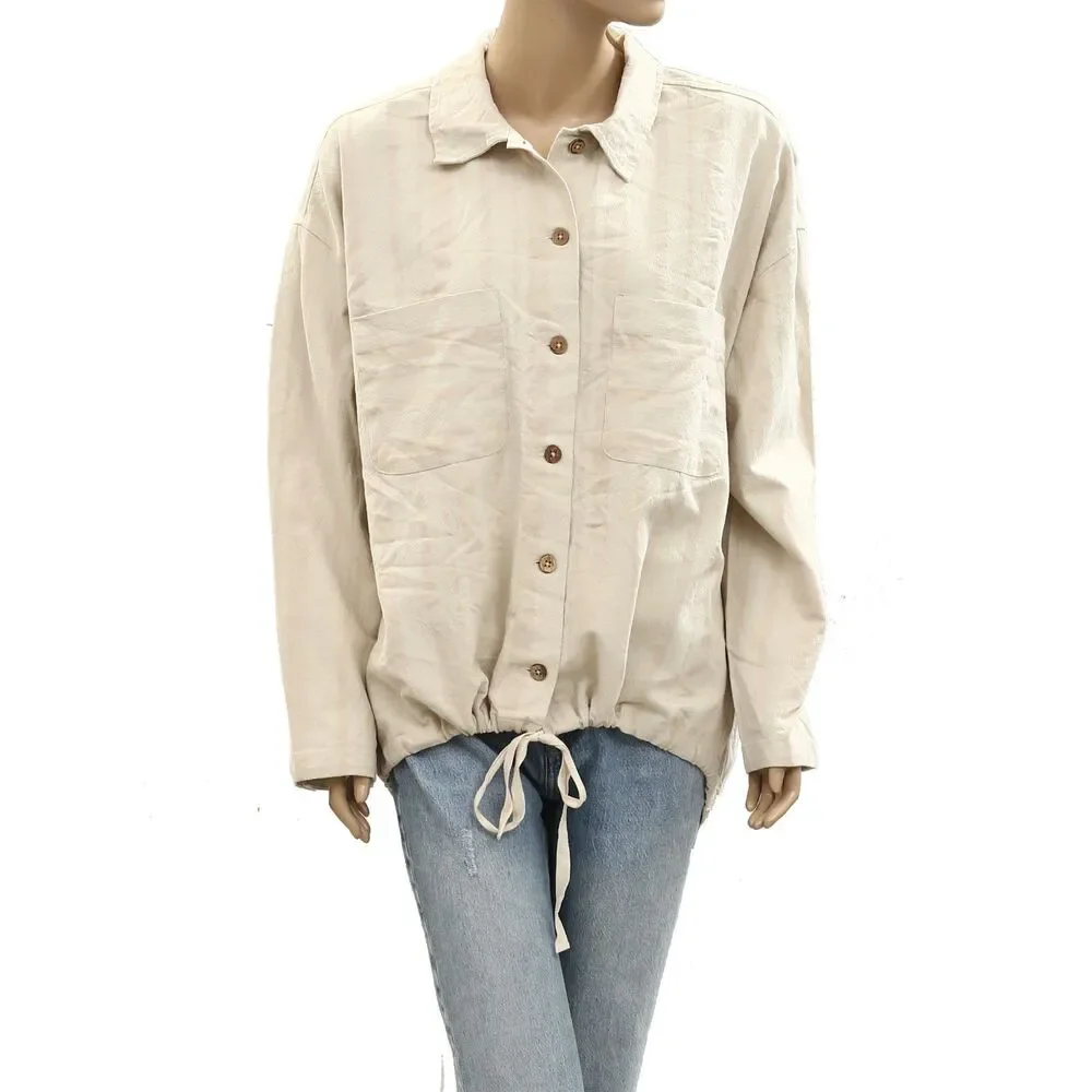 Free People Striped Buttondown Shirt Tunic Top Shacket Oversized Beige M 284155
